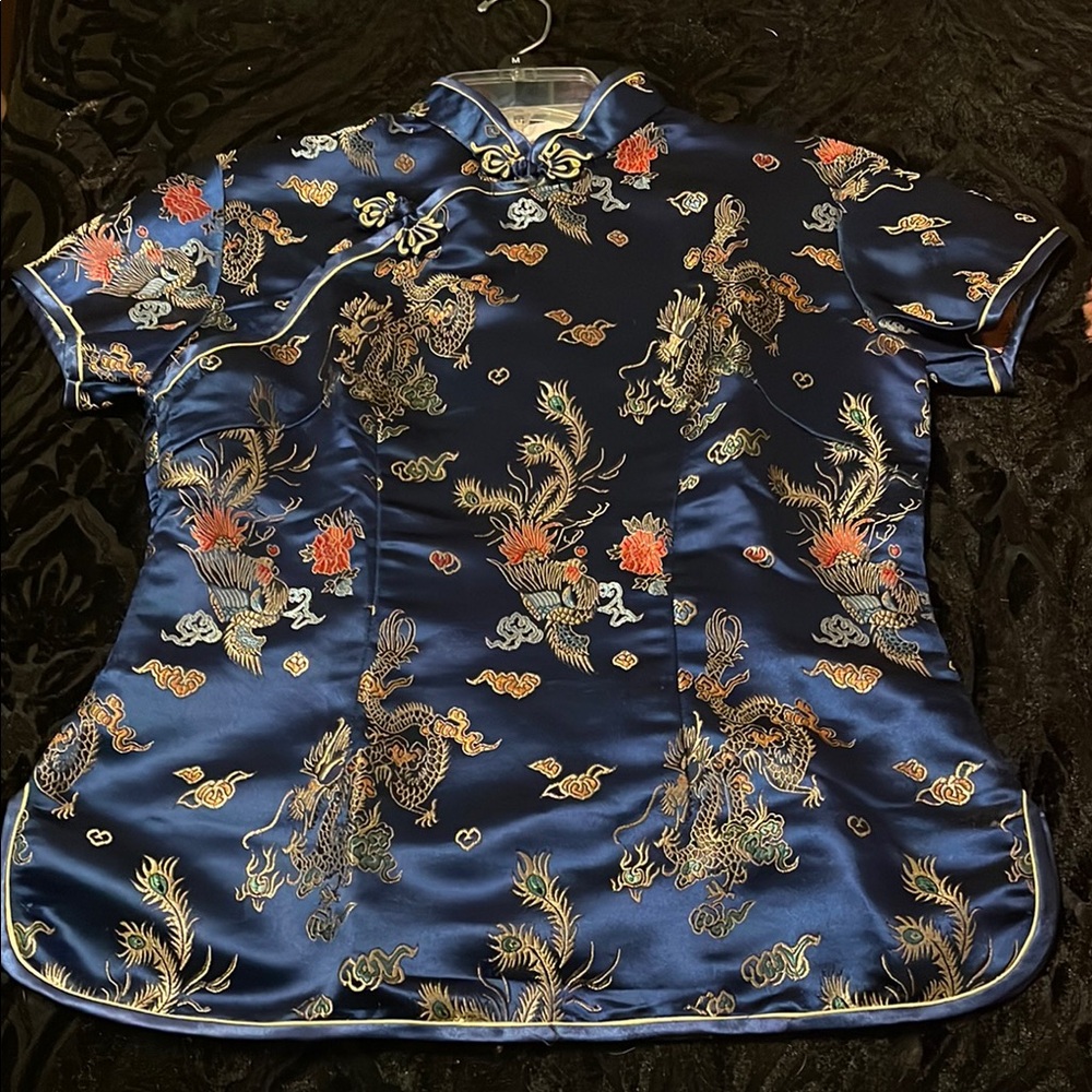 Elegant Brand New Blue Satin Embroidered Top